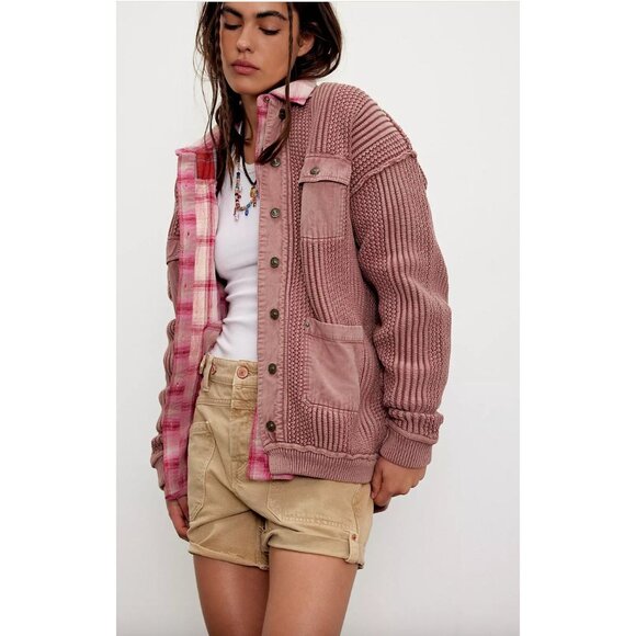 Free People We The Free Worn Thru Chore Sweater Jacket Size Large Oversized Knit